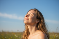 happy woman looking at blue sky eyes closed