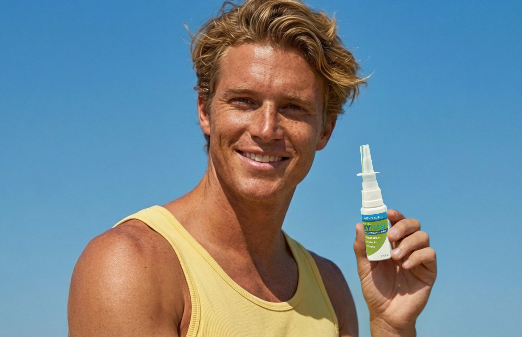 man holding xynase nasal spray with xylitol